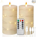 Rechargeable Flameless Candles, LED Candles, Candles with Remote and Timers, Real Wax Pillar Candles, with Flickering Embedded Star String，Ivory White, Set of 2