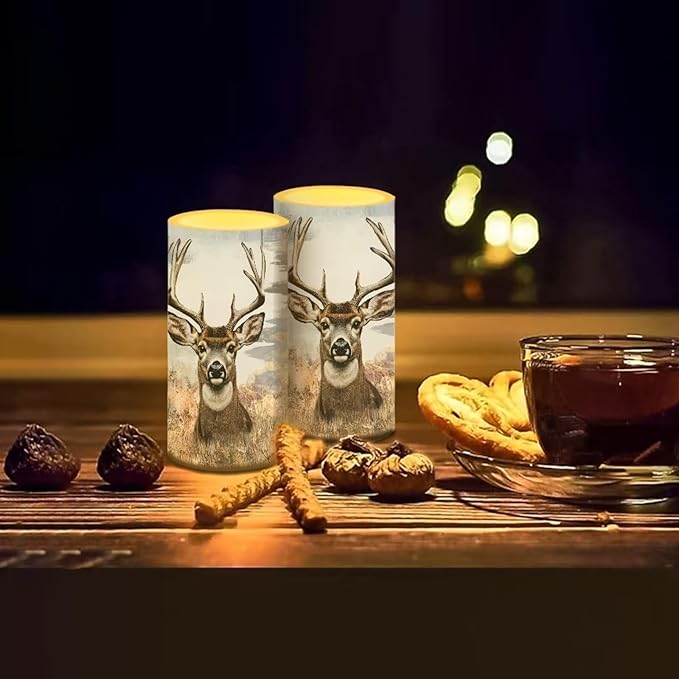 Deer Flameless Candles 2 Pack 6 x 3 inch Battery Operated Candles with Multicolor Timer Remote Control LED Fake Candles for Warm Light Dinner Table Home Decor