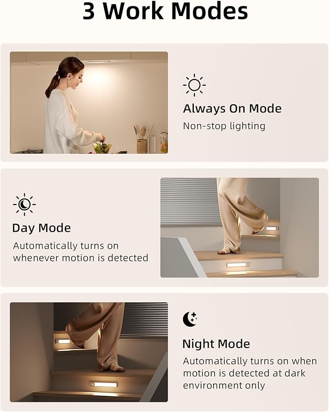 EZVALO 8" Under Cabinet Lighting, 1600mAh USB-C Rechargeable Motion Sensor Light, 3 Color Temps, 3-Level Dimmable Magnetic Wireless Closet Lights for Kitchen, Pantry, Stairs (2 Pack)