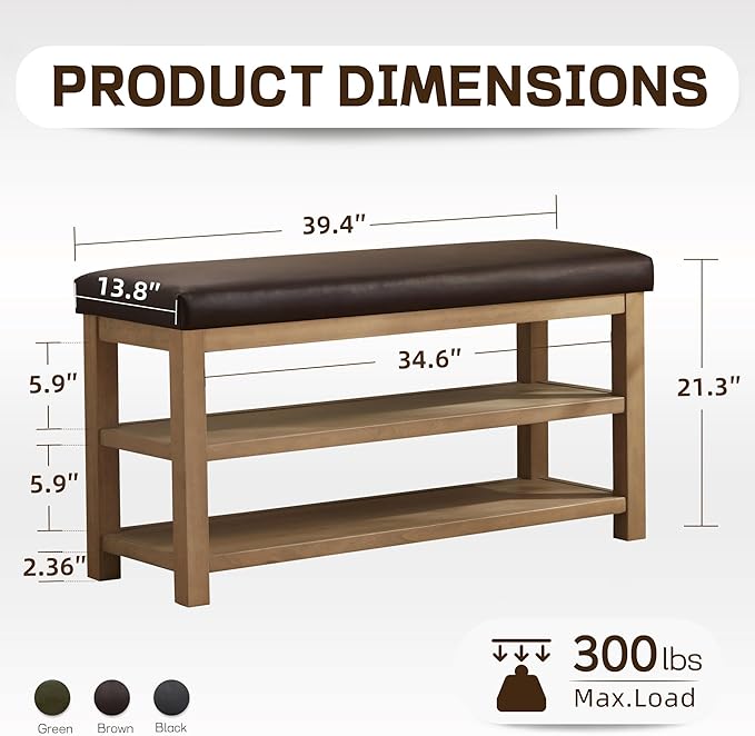 Shoe Rack Bench with Leather Cushion, 2 Tier Solid Wood Storage Bench, Mid-Century Modern Shoe Bench for Entryway, Hallway, Closet, Front Door Entrance, Foyer (Dark Brown, 39.4")