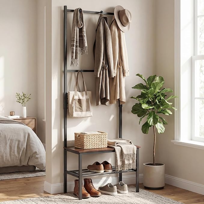 Giantex 3-in-1 Hall Tree with Bench and Shoe Storage, Freestanding Coat Rack with Hooks, Heavy Duty Metal Frame, Industrial Narrow Mudroom Organizer for Entryway Living Room Bedroom
