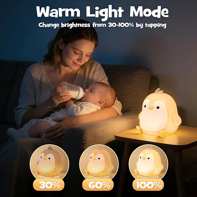 Penguin Night Light Squishy Silicone Nursery Breastfeeding Nightlight with Timer 3-Level Warm White RGB Color Modes Cute Penguin Lamp Rechargeable Touch Bedside Desk Animal Lamp for Bedroom Dorm Decor