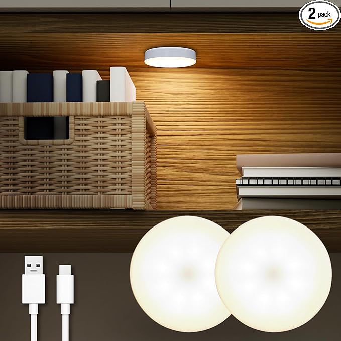 Rechargeable Puck Lights 2 Pack, Magnetic Tap Light 1000mAh Battery Powered, Warm Yellow, Dimmable Touch Light Stick on for Closet, Locker, Cabinet, Bedside, Kitchen