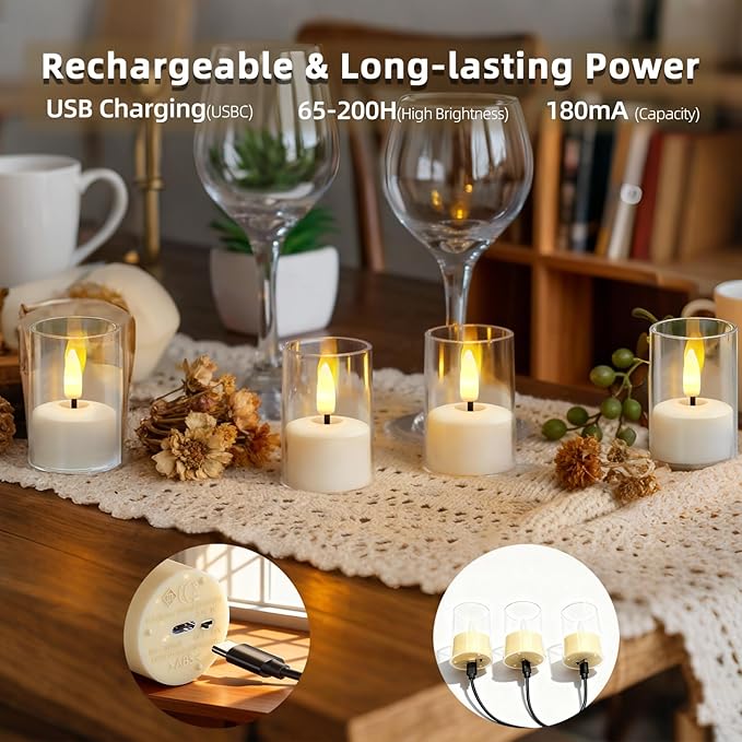Rechargeable Acrylic Flameless Candles with Timer Control, Flickering Warm White Tealights, Ideal for Home Decor Weddings Parties, Restaurants(White,Set of 6)