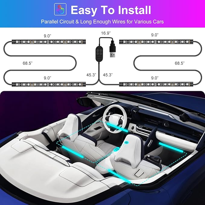 Car Interior LED Lights, APP Control with USB Port, RGB Color Change with Music Sync & DIY Mode, 48 LEDs Lights for Under Dash Running Board Truck