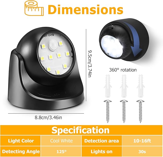LemonBest Motion Sensor Outdoor Lights - Outdoor Motion Sensor Light Battery Operated Wireless Spotlight Motion Detector Security Light Auto On Off for Porch Stair Hallway Garage Wall Shed (1 Pack)