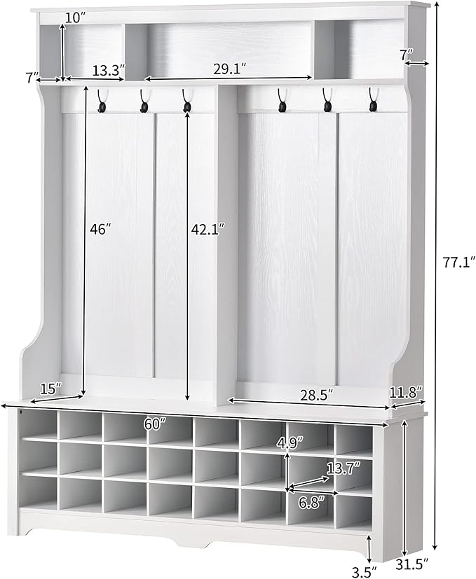 Wide Hallway Coat Rack Hall Tree with Shoe Storage Rack, 24 Cubes 6 Hooks and 3 Top Shelves, Large Storage Bench for Entrance, Enterway (White)