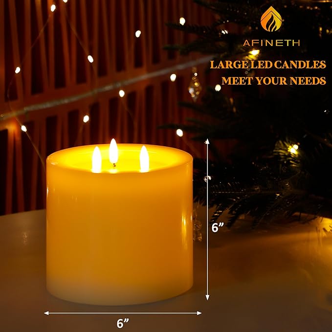 Extra Large Flameless Candles with 3 Wicks, 6"x6" Real Wax Battery Operated Candles with Remote and Timer, Flickering LED Candles Fake Candle for Home, Wedding, Party, Ivory