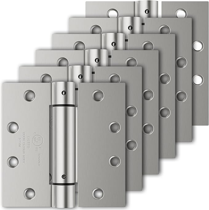 6 Pack Self Closing Door Hinges, 4.5" x 4.5" Spring Loaded Hinges with Square Corners, Adjustable Tension for Garage, Front Door, Back Door, for Left and Right Hand Door, UL Listed