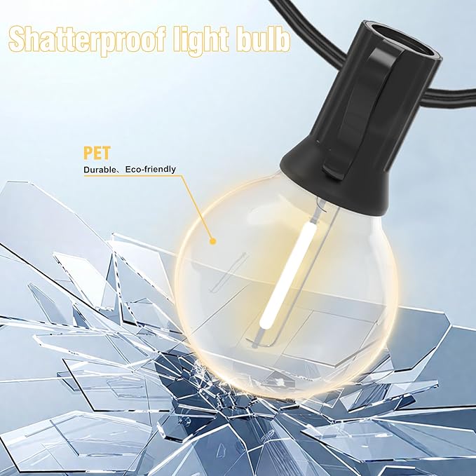 100FT Outdoor LED String Lights with 50+2 Shatterproof G40 Vintage Bulbs,Shatterproof &Waterproof Patio Lights for Porch, Deck, Garden, Backyard, Balcony - 2700K Warm White