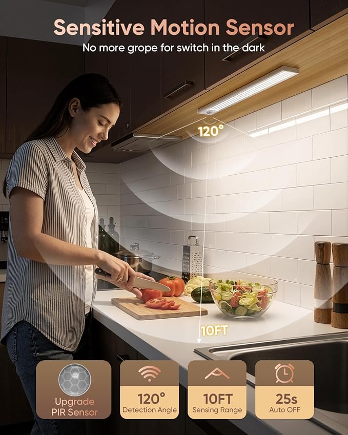 12inch Under Cabinet Lighting Wireless, 152LED Motion Sensor Light Indoor, USB Rechargeable Closet Lights, 3 Color Temps & Dimmable, Stick On Under Counter Lights for Kitchen, Pantry, Stairs, 5 Pack