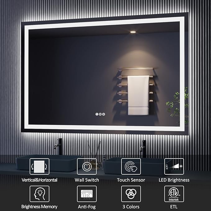 Amorho LED Bathroom Mirror, 48"x 32" with Front and Backlight, Stepless Dimmable Wall Mirrors with Anti-Fog, Shatter-Proof, Memory, 3 Colors, Double LED Vanity Mirror