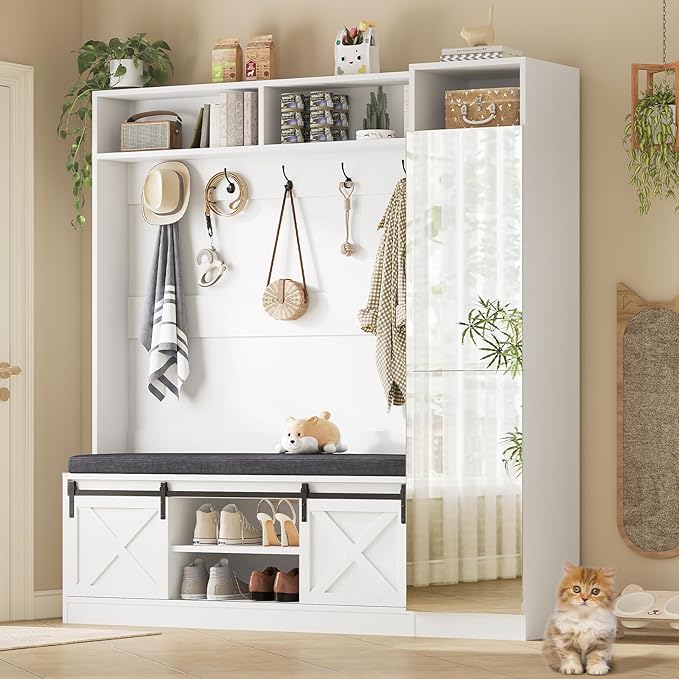 Hall Tree with Bench and Shoe Storage, Entryway Coat Rack with Tall Mirror, Farm House Barn Door 4-in-1 Hall Tree with Storage Cushioned Stool and Hooks for Hallway, Living Room, (60IN,With Mirror)