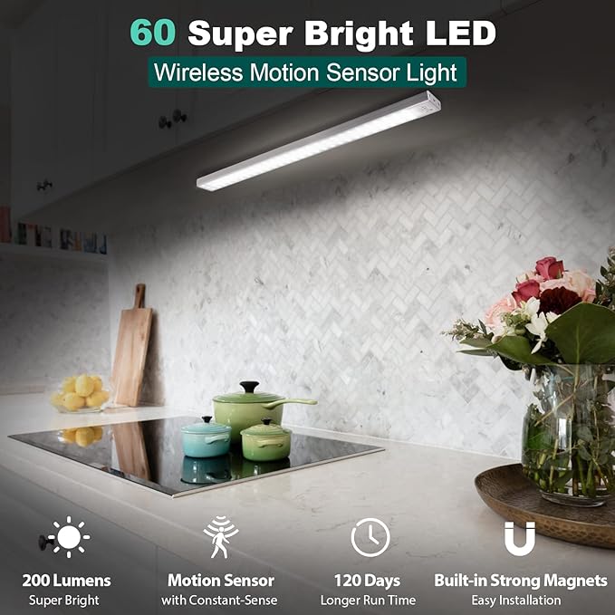 BLS 60 LED Closet Lights Battery Powered LED Lights, Super Bright Under Cabinet Lighting, Wireless Motion Sensor Light Indoor, 2400mah Rechargeable Battery Operated Lights, 120 Days Run Time (2 Pack)