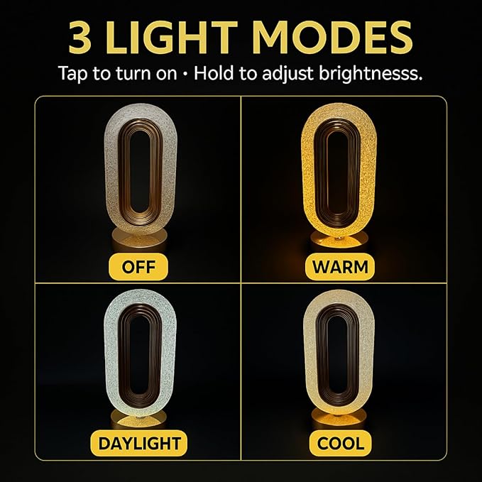 USB Rechargeable Crystal LED Lamp – Cordless Touch Control, 3 Light Modes, Gold Finish, Dimmable Bedside Nightstand, Dinner Table, Restaurant Table, Camping, Cabin, & Office and Home Décor Light