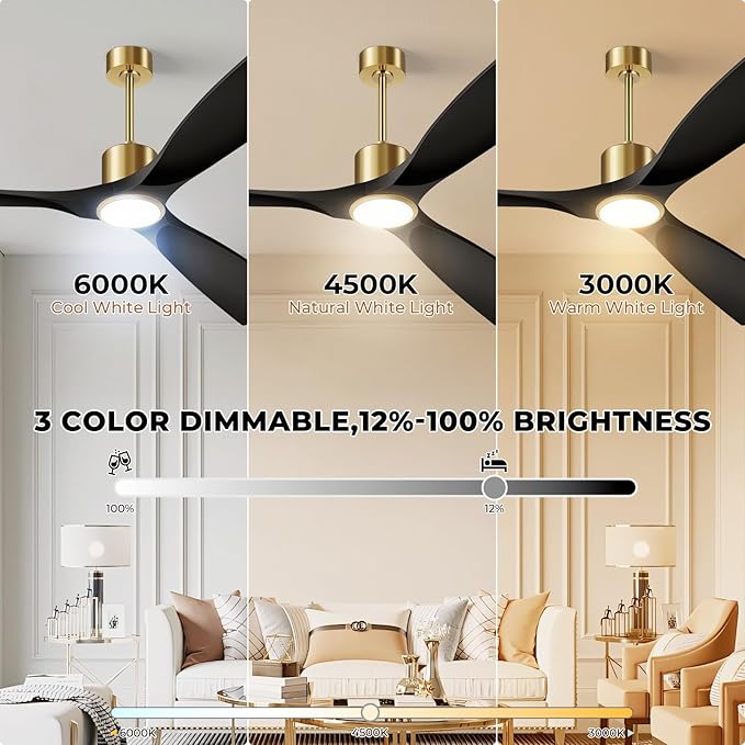Ceiling Fan with Light and Remote Control, 52" Outdoor Ceiling Fan for Patios, Bedrooms & Living Rooms - Matte Black & Gold