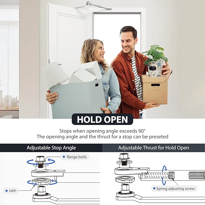 SOPHIA Automatic Door Closer with Hold Open, Door Closer for Home Size 3 DK500, 3H Fire-Rated Hydraulic Door Closers Commercial & Life Size Fitting Template, UL Listed, ANSI Grade 3, Silver