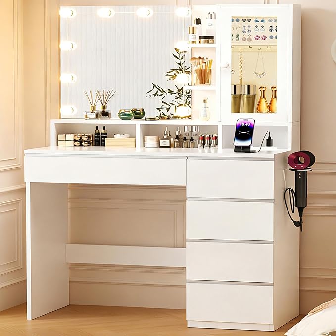 Vanity Desk with LED Lights Mirror, Makeup Table with Power Outlet for Ladies and Girls, 35.43" RGB Light Makeup Desk with 6 Storage Drawers for Bedroom, White 2
