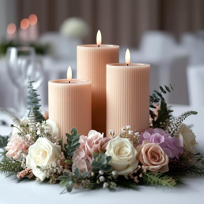 WYZworks Fluted Ribbed LED Pillar Candles, Blush Beige, with Realistic Reflective Melted-Wax Effect – Flickering Flame, Remote, Dimmable, Flameless, Battery Operated, Home & Wedding Decor (Set of 3)