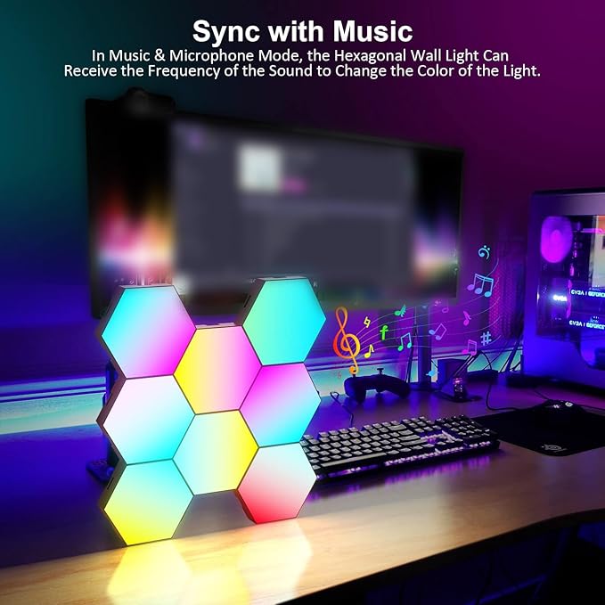 Music Sync Hexagon Lights, Smart LED Wall Lights 10 Pack, 13 Colors Modular Assembled RGB Wall Panels, Hex Light with USB-Power for Autism, Game Room Decor, Party(10 Pack)