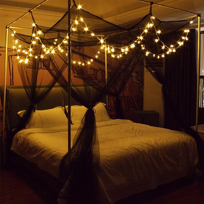 Comtelek 8 Corner Bed Canopy with 100 LED Star String Lights Battery Operated, Black Bed Netting Unique Style 4 Door Square Canopy Bed Curtains Canopy - Suggested for Twin Full Queen King Bed