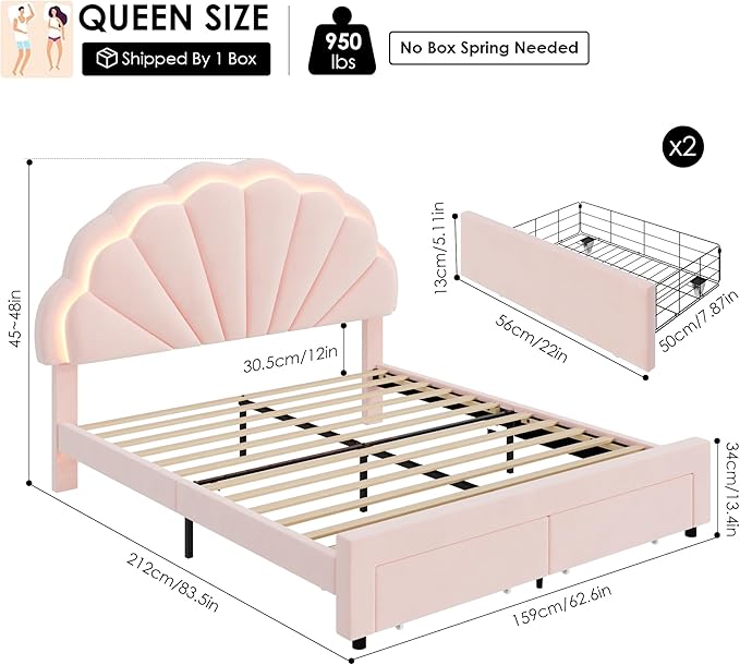 HIFIT Queen Upholstered Smart LED Bed Frame with 2 Storage Drawers & Adjustable Chic Double Petal Headboard, Velvet Princess Platform Bed with Solid Wood Slat/No Box Spring Needed/Easy Assembly, Pink