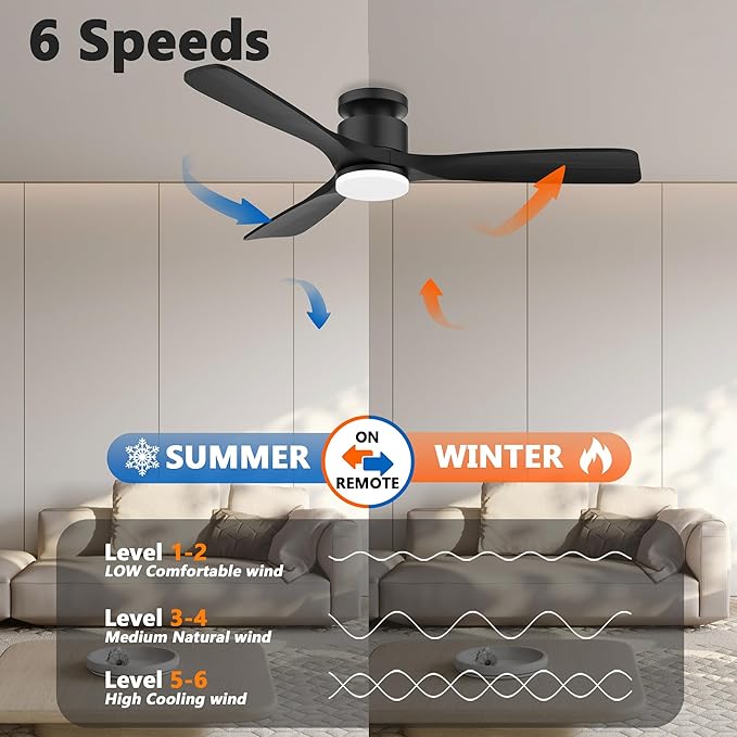 52 Inch Smart Low Profile Ceiling Fan,Solid Wood Ceiling Fan with Lights Remote,Outdoor Indoor Flush Mount,WIFI Alexa App Control,Quiet DC Motor,Dimmable,Modern Ceiling Fan for Bedroom Patio,Black
