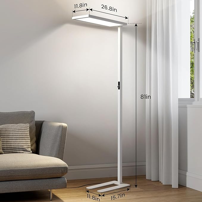 80" LED Floor Lamp Modern, 7500LM Dimmable Eye-Care Tall Reading Light, 100W Full Spectrum Dual Light Source Standing Piano Lamp 4000K Bright Lighting for Office, Home - White