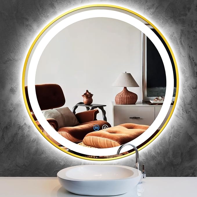 20 Inch Gold Frame LED Round Mirror with Lights Smart Memory 3 Color Dimmable Anti-Fog Gold Framed Round Lighted Mirrors for Bathroom Wall Makeup Golden Circle Round Vanity Mirror with Light