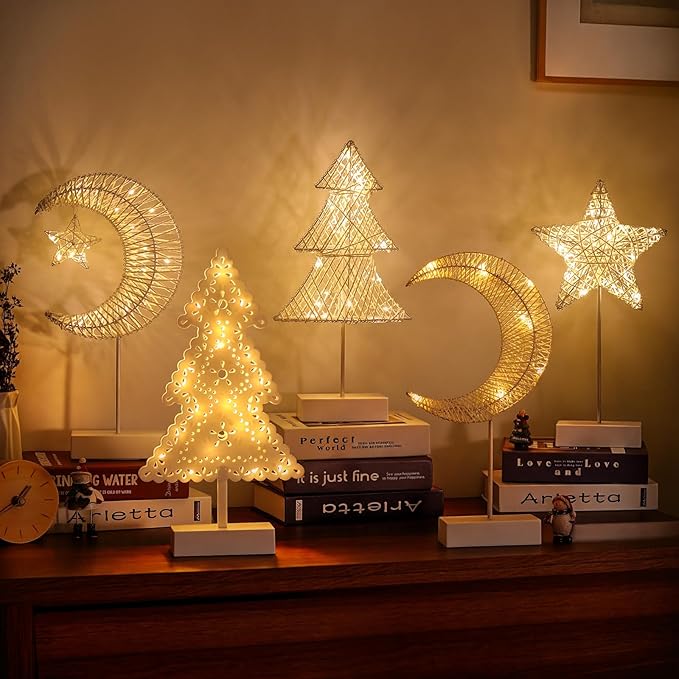 Lewondr Decorative Table Lamp, Christmas Star Night Lamp Winding Cotton Thread Warm LED Light Lamp for Bedroom, Battery Operated Lamp for Tables Cordless Xmas Home Romantic Bedside Table Lamp, White