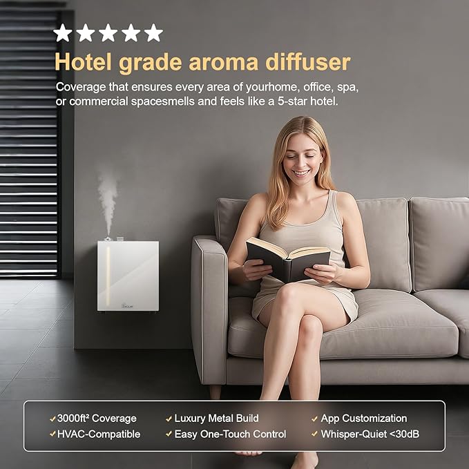 HVAC Diffuser Scent System - 3000 Sq Ft,WiFi & Bluetooth App Remote Control,Waterless,Quiet,Ambient Light,Metal,Commercial Hotel Collection Whole House Diffuser Machine - White