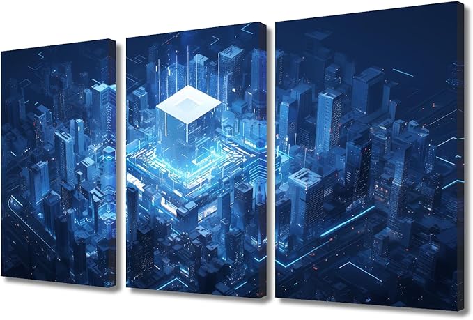 CPU Concept Wall Art Painting Abstract Cube Shape Wall Art Canvas Prints Picture Smart City Stretched and Framed For Living Room Decor Office Wall Decor Home Decoration (36"Wx24"H)