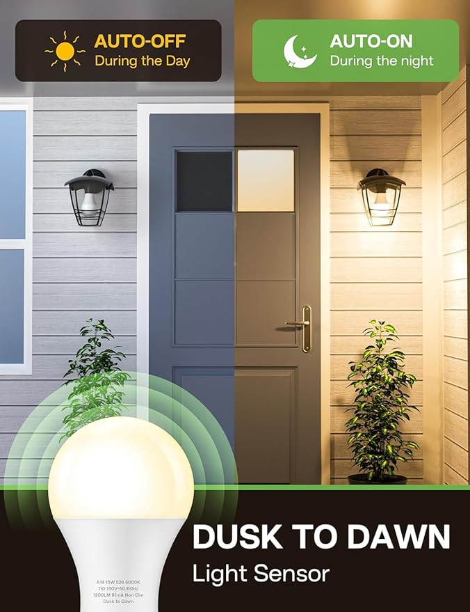 Dusk to Dawn Sensor LED Outdoor Light Bulb, Warm White 3000K, A19 13W(100 Watt Equivalent) Bright Porch Lighting, 1200LM, Auto-On/Off Photocell Sensor for Garage Yard Patio Garden- 6 Pack