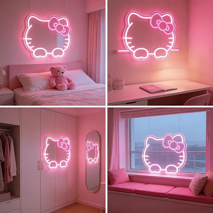Hello Kit Mirror with Light Neon Signs for Room Decor, USB Powered Cute Cat LED Lights, Teen Girl Best Gift, Makeup Mirror Neon Sign Wall Decor (White)