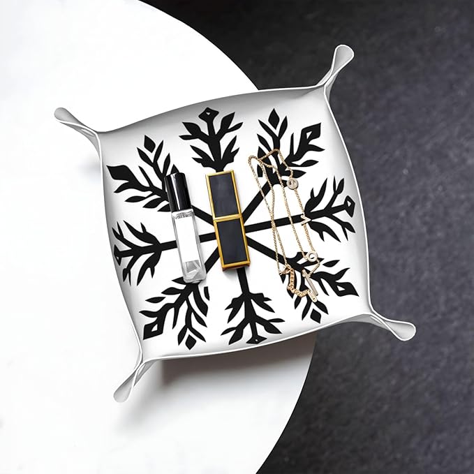 Snowflakes Simple Black Minimal Valet Tray Leather Desktop Storage Organizer Bedside for Jewelry Keys Coin Candy Sundries
