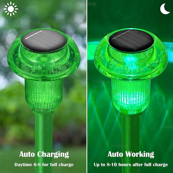 Solar Lights Outdoor Pathway Waterproof 8 Pack Green Stake LED Green Stake Acrylic Mushroom Decorative Garden Lights for Yard Landscape Patio Outside Decor