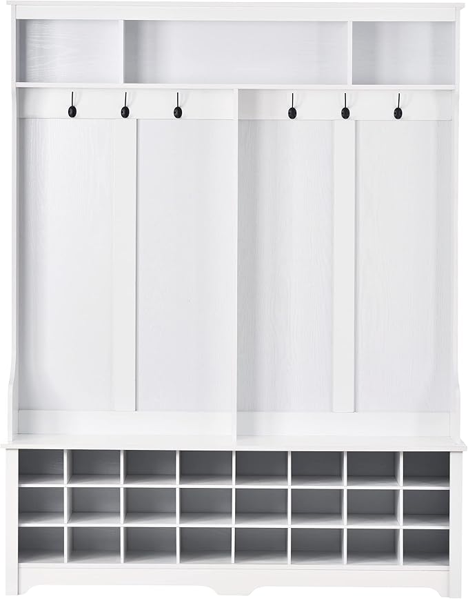 Wide Hallway Coat Rack Hall Tree with Shoe Storage Rack, 24 Cubes 6 Hooks and 3 Top Shelves, Large Storage Bench for Entrance, Enterway (White)