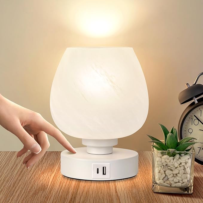Soilsiu Bedside Table Lamp - Touch Small Lamp for Bedroom Nightstand, 3-Way Dimmable, USB A+C Charging Ports, White Opal Glass Shade, Warm LED Bulb Included