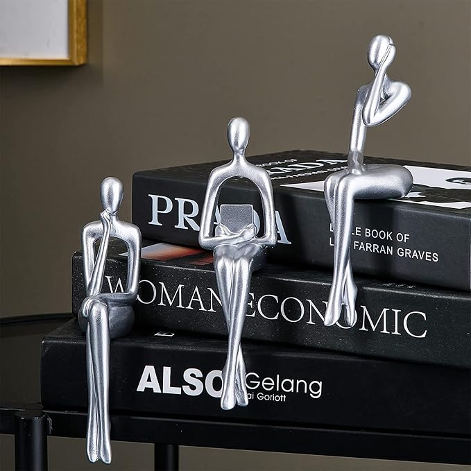 XINXAUN Silver Statue Home Decor - Modern Bookshelf & Desk Decor - 3 Piece Set