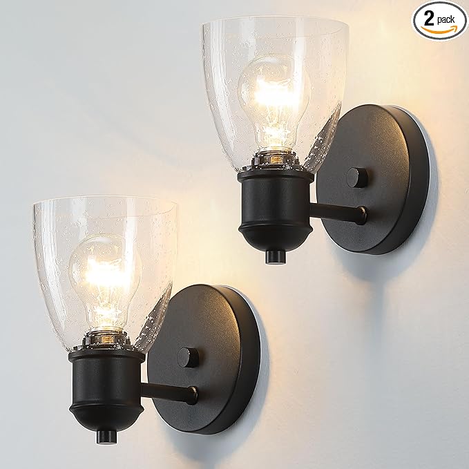 Black Wall Sconce Set ot Two, Hardwired Wall Lights for Bedroom, Modern Indoor Wall Light Fixtures with Seeded Glass for Bathroom Beside Mirror Living Room Hallway Kitchen