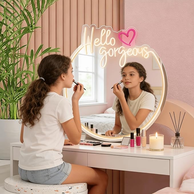 Hello Kit Mirror with Light Neon Signs for Room Decor, USB Powered Cute Cat LED Lights, Teen Girl Best Gift, Makeup Mirror Neon Sign Wall Decor (Yellow)