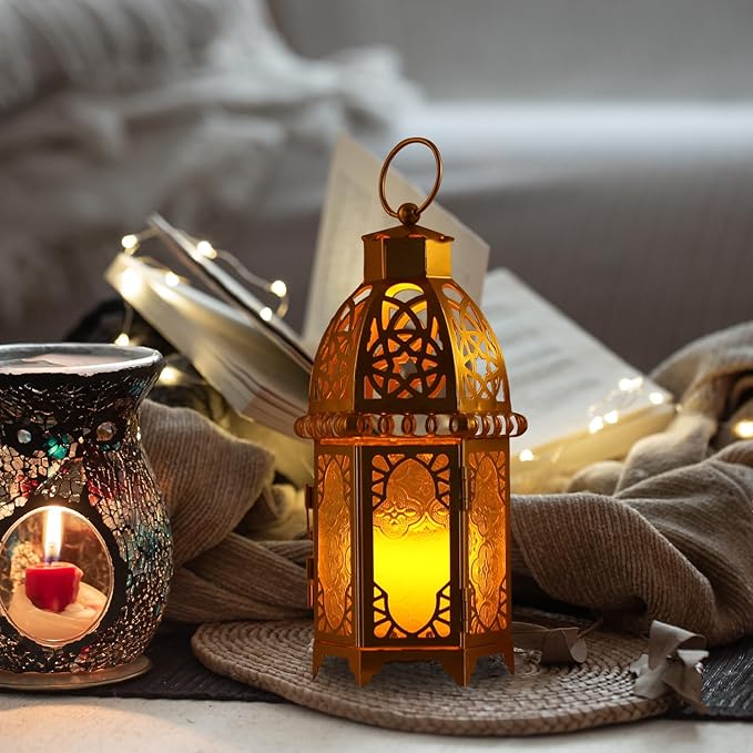 DECORKEY Moroccan Lanterns Decorative Indoor & Outdoor, 11’’ Medium Size Golden Metal Hanging&Tabletop Candle Holder Decor, Halloween Christmas Ramadan Decorations for Home Porch Patio (Golden)