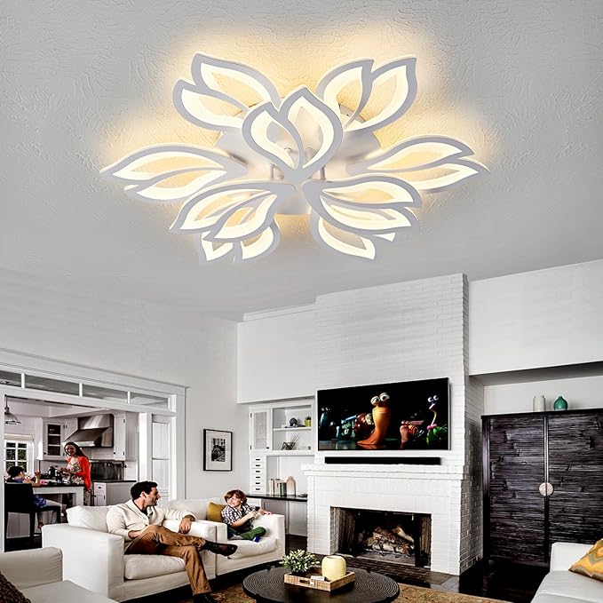 HuixuTe 28" White Modern Flower Dimmable Ceiling Light Fixture, 9 Leaves Low Profile Flush Mount Ceiling Light for Living Room Dining Room Bedroom