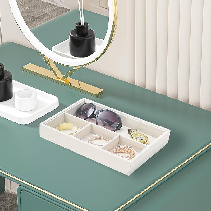 Beige 4Grid Bedside Organizer - Multi-use Holder for Desk, Nightstand, Drawer - Catchall Tray for Jewelry, Sunglasses, Phone, Watch, Perfume, Lipstick