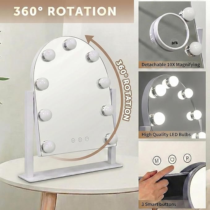 Arched Makeup Vanity Mirror with Lights 14.17"x 11.81" LED Makeup Mirror Detachable 10X Magnification, Hollywood Make Up Mirror with Lighting, Smart Touch, Rechargeable,360° Rotation,(White)