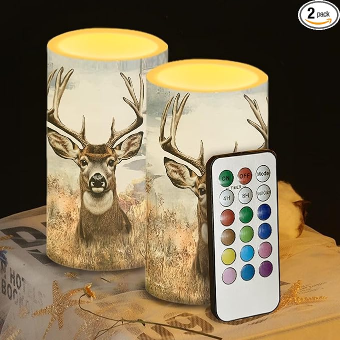 Deer Flameless Candles 2 Pack 6 x 3 inch Battery Operated Candles with Multicolor Timer Remote Control LED Fake Candles for Warm Light Dinner Table Home Decor