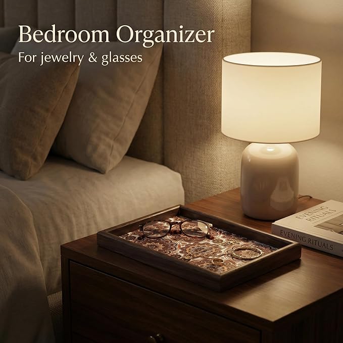 Zosenley Wooden Valet Tray with Leather Base - Nightstand Catchall Organizer for Cologne, Perfume, Keys, Wallet, Phone, Watch, Jewelry & Sunglasses (Bohemian)