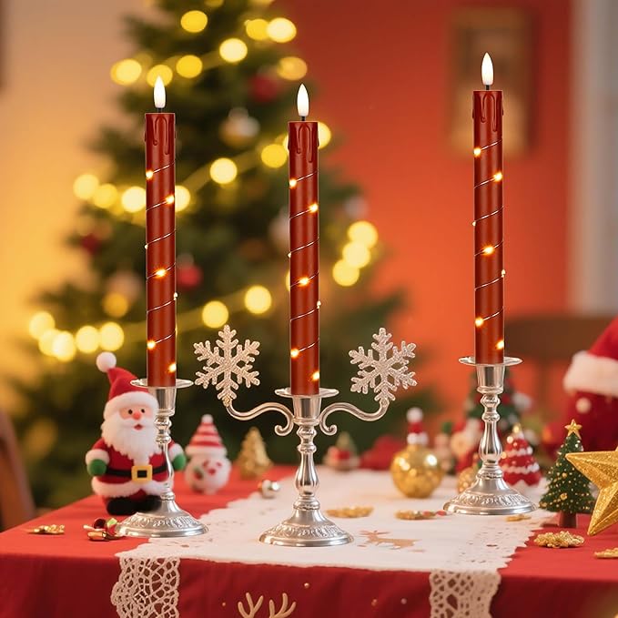 Flameless Taper Candles with Remote for Romantic Decorations，3D Flickering Flame Battery Operated LED Candles Arounded with Starlight String for Home Decoration, Pack of 6, Reddish Brown