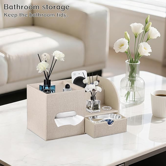 Fanousy Square Tissue Box Cover with Drawer Storage and Tray on Top, PU Leather Tissues Cube Boxes Holder, Modern Nightstand Organizer Caddy, Remote Control Holder for Bathroom, Bedside, Office, Home