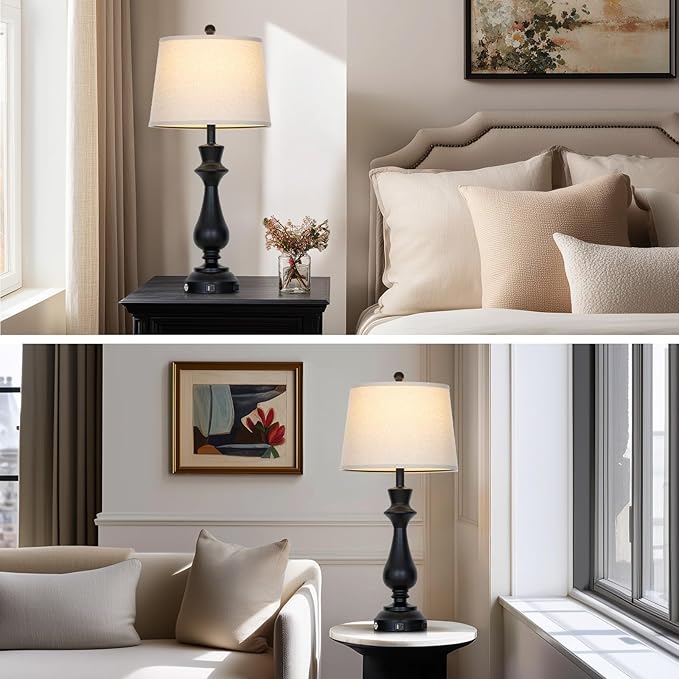 Touch Lamps for Night Stand - 29.5" Tall Bedside Lamp with USB C+A, 3 Way Dimmable Bedroom Lamps, Black Metal Table Lamps for Living Room,Single Black